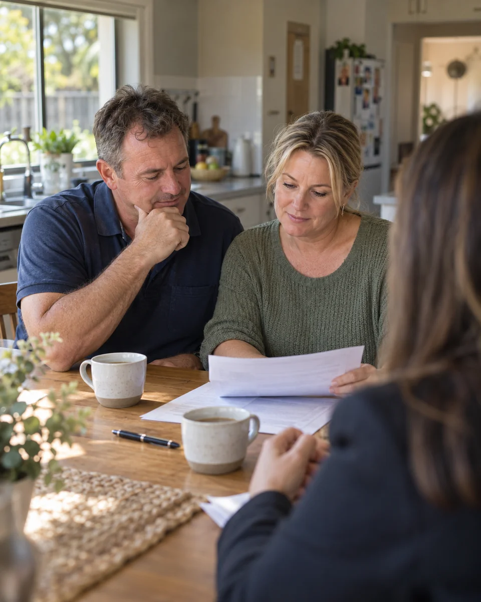 A couple reviewing their home loan paperwork at their kitchen table