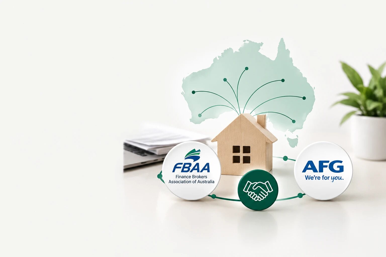 FBAA and AFG accreditation badges beside a map of Australia, representing our accredited lender network
